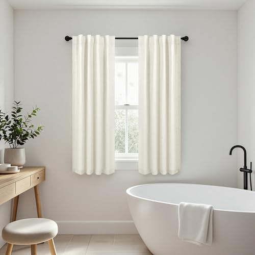 100% Blackout Cream Ivory Linen Curtains 48 Inches Long Linen Textured Living Room Kitchen Curtains Full Room Darkening Black Out Short Curtain for Bedroom Window 2 Panels 36 x 48 Inch Length (Natural / 36"W x 48"L (Pack of 2))