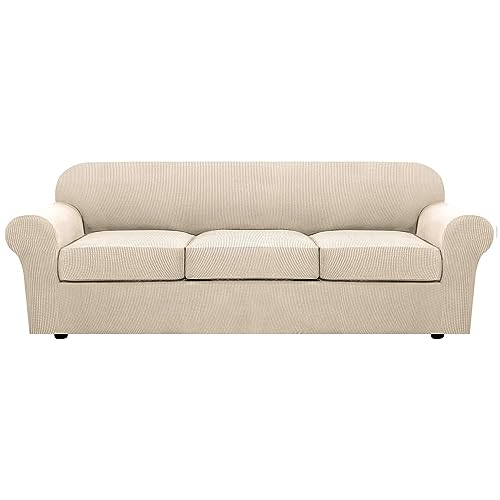 4 Piece Stretch Sofa Covers for 3 Cushion Couch Covers Furniture Slipcovers for Living Room (X-Large / Natural)