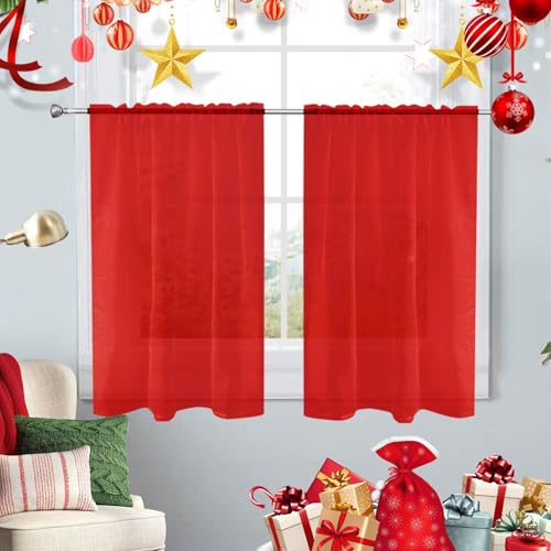 Basic Rod Pocket Sheer Voile Window Curtain Panels Red 1 Pair 2 Panels 26 Width 40 Inch Long for Kitchen Bedroom Children Living Room Yard（Red (Red / 26"W x 40"L (Pack of 2))