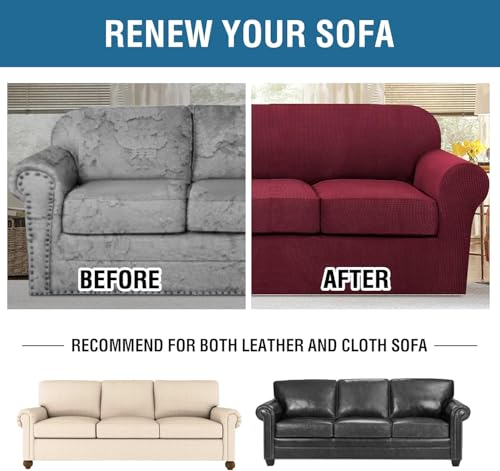 4 Piece Stretch Sofa Covers for 3 Cushion Couch Covers for Living Room Furniture Slipcovers (Large Plus / Burgundy)