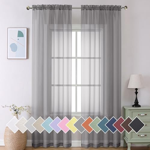 2 Pack Basic Grey Sheer Curtain Drapes for Living Room 108 Inch Length 2 Panels (40"W x 108"L (Pack of 2) / Charcoal Grey)