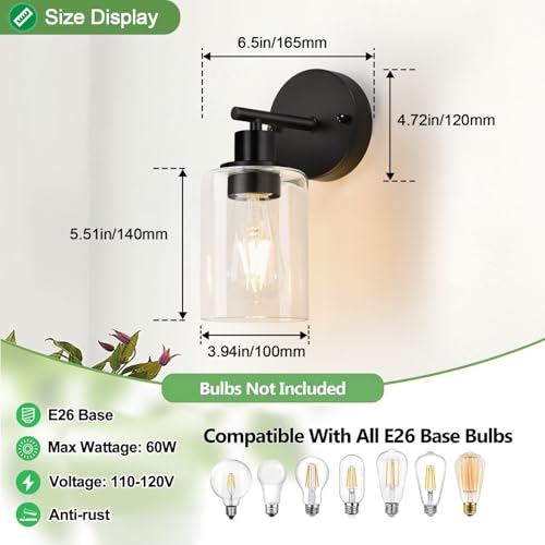 Set of 2 Wall Sconces for Bathroom (Matte Black / 1-light)