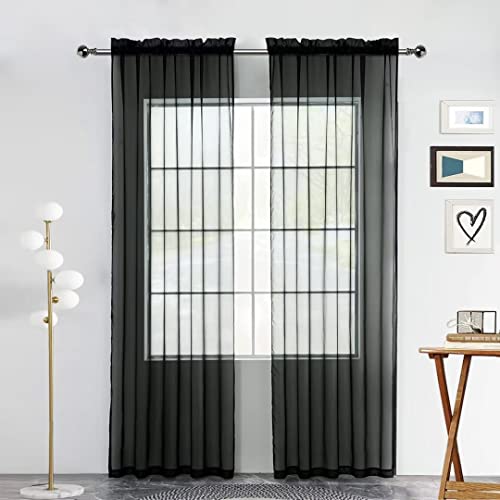 Sheer Voile Window Treatment Rod Pocket Curtain Panels for Kitchen Bedroom Living Room Drapes Sunlight Filtering Privacy Semi Home Decor Assorted (Black / 52"W x 72"L (Pack of 2))