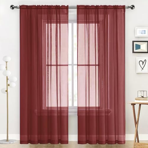 Basic Rod Pocket Sheer Voile Window Curtain Panels Burgundy 1 Pair 2 Panels 52 Width 108 Inch Long for Kitchen Bedroom Children Living Room Yard (Burgundy / 52"W x 108"L (Pack of 2))