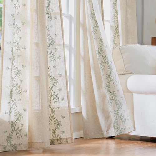 Floral Linen Curtains 84 Inch Farmhouse Back Tab 2 Panels (Vine | Sage / 50"W x 84"L (Pack of 2))