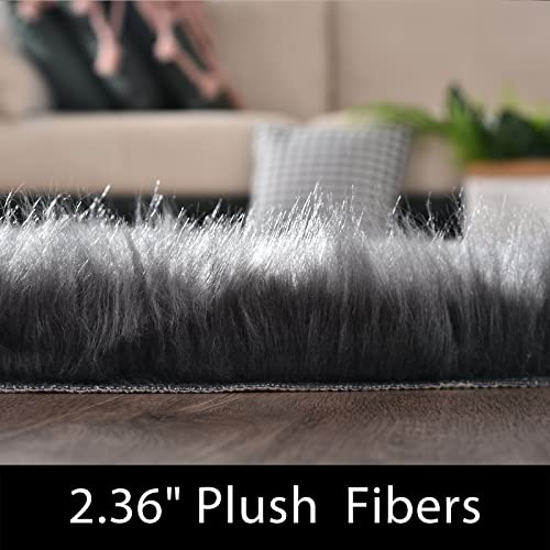 Dark Grey Fur 3x5 Area Shaggy Bedside Faux Sheepskin Rug for Bedroom Washable Furry Rugs Fuzzy Rug for Living Room Sofa Cushion Luxury Home Decor (3' x 5' (Rectangular) / Dark Grey)