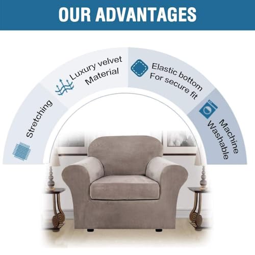 Rich Stretch 2 Piece Chair Cover Chair Slipcover Sofa Cover Furniture Protector Couch Soft with Elastic Bottom Chair Couch Cover with Arms Width Up to 49 Inch (1 Cushion Chair / Taupe)