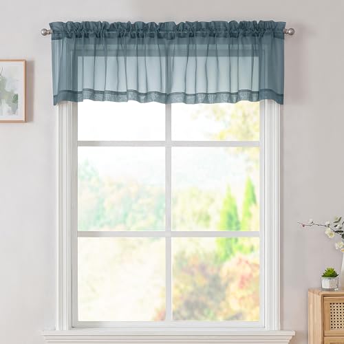 Dusty Blue Valances 14 Inches Long for Living Room Pocket 2 Panel Light Filtering Sheer Translucent Valence Toppers for Short Window Kitchen Bathroom Bedroom 42x14 Inch Length (Dusty Blue / 42"W x 14"L (Pack of 2))
