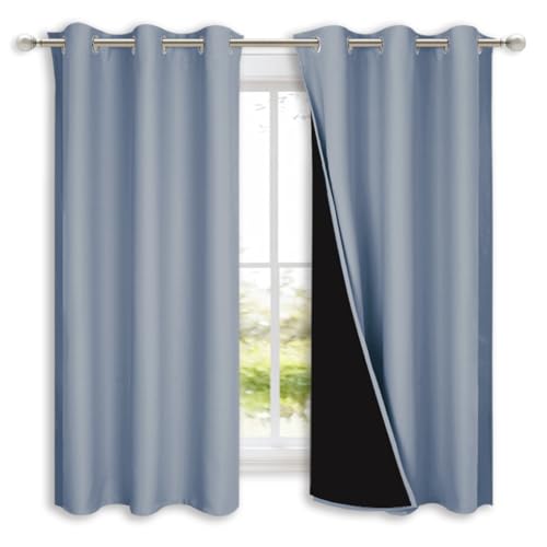 100% Blackout Short Curtains with Black Liners (Vintage Blue / 37"W x 50"L (Pack of 2))