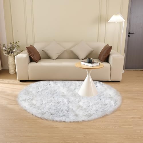 White and Grey Round Shag Rug 4ft Faux Sheepskin Fur Rugs for Living Room Small Circle Washable Plush Rug for Nursery Cute Room Décor (4' (Round) / White With Grey Tips)
