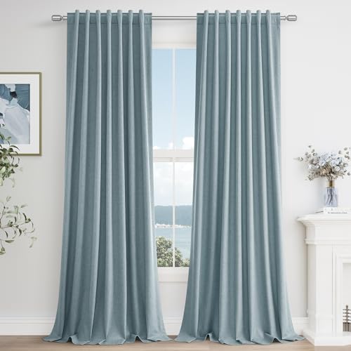 100% Blackout Linen Curtains 90 Inch Length 2 Panels Set for Living Room Bedroom Back Tab Thermal Insulated Black Out Drapes Room Darkening Farmhouse Style for Bedroom Window Curtains 52x90 (Blue / 52"W x 90"L (Pack of 2))