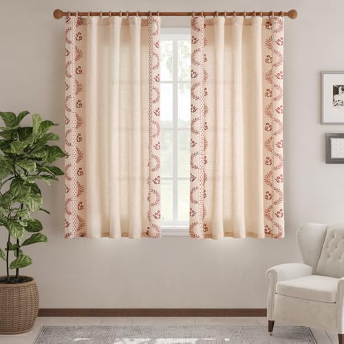 Floral Linen Curtains 63 Inch Farmhouse Back Tab 2 Panels (Red / 50"W x 63"L (Pack of 2))