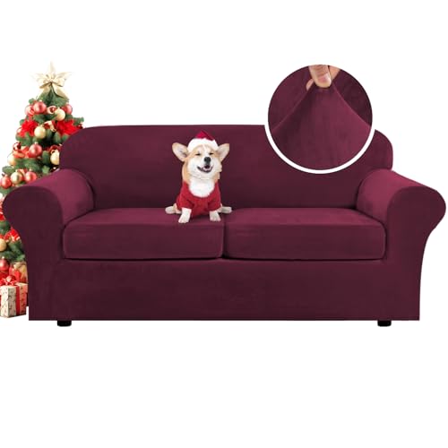 Real Velvet Plush 3 Piece Stretch Sofa Covers Couch Covers for 2 Cushion Couch Sofa Slipcovers Width Up to 90 Inch Feature Thick Soft Stay in Place (2 Cushion Sofa / Wine/Burgundy)