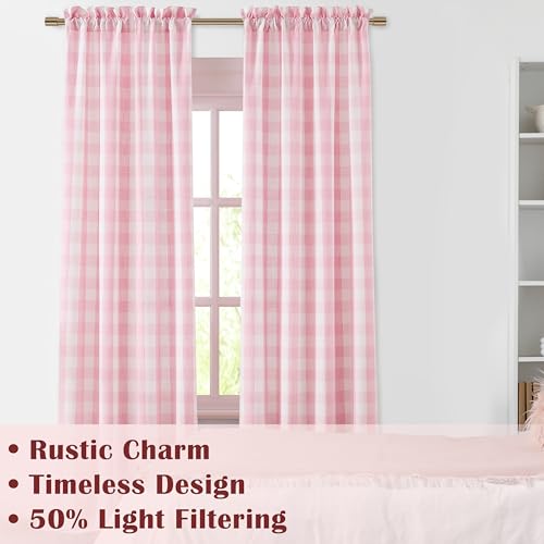 Pink White Buffalo Plaid Curtains 90 Inches Long (Pink/White / 40"W x 90"L (Pack of 2))