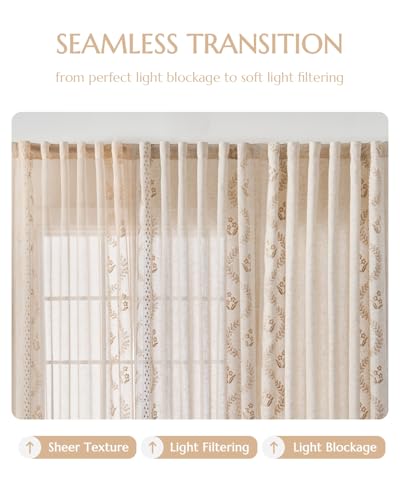 Floral Sheer Curtains (S | Beige / 50"W x 63"L (Pack of 2))