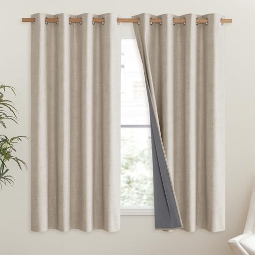 Oatmeal 100% Blackout Short Curtains 63 inches Lenghth Burg for Kitchen (52"W x 63"L (Pack of 2) / Oatmeal)