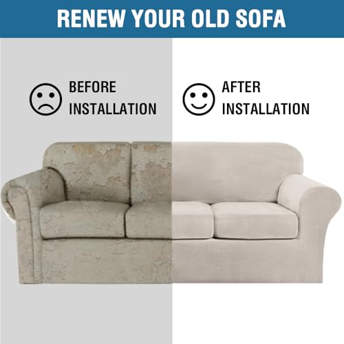 Modern Velvet Plush 4 Piece High Stretch Sofa Slipcover Furniture Protector Form Fit Velvet Extra Large Sofa Cover for 3 Cushion Couch Width Up to 105 Inch (3 Cushion XL Sofa / French Oak)