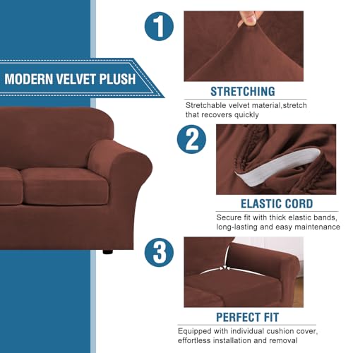 Rich Velvet Stretch 2 Piece Cover Chair Slipcover Sofa Cover Furniture Protector Couch Soft with Elastic Bottom Chair Couch Cover Width Up to 49 Inch (1 Cushion Chair / Burnt Brick)