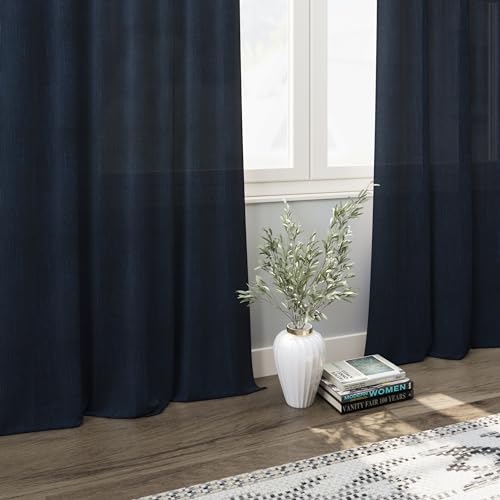 Navy Blue Semi Sheer Curtains 72 Inches Long 2 Panels Set for Bedroom Back Tab Rod Pocket Light Filtering Drapes Cotton Linen Textured Indigo Blue Farmhouse Living Room Curtain 52X72 (52"W x 72"L (Pack of 2) / Navy Blue)