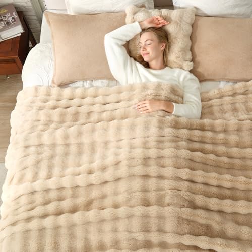 Faux Fur Throw Blanket for Couch (Beige / Queen(90" x 90"))