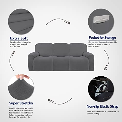 Super Stretch 3 Seats Recliner Sofa Couch Cover with Pocket (Large Recliner Sofa / Grey)