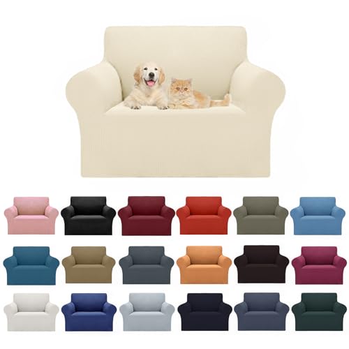 2026 New Stretch Chair Sofa Slipcovers Couch Cover for 1 Seater Furniture Protector Sofa Covers with Elastic Bottom Jacquard Fabric Small Checks for Pets (Beige / Chair)