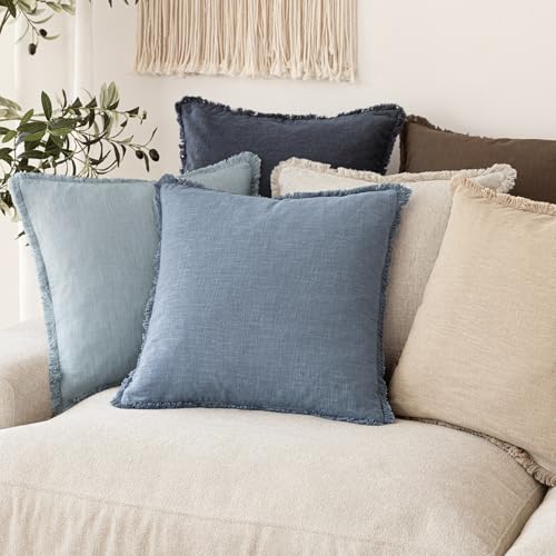 Decorative Linen Fringe Throw Pillow Covers 16×16 Misty Blue (16" x 16" (Pack of 2) / Spring Lake)