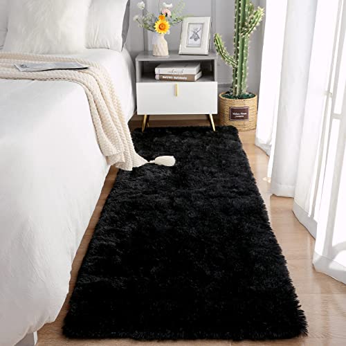 Soft Runner Rug for Bedroom Living Room Plush Fluffy Rugs 2x6 (Black / 2' x 6' (Runner))