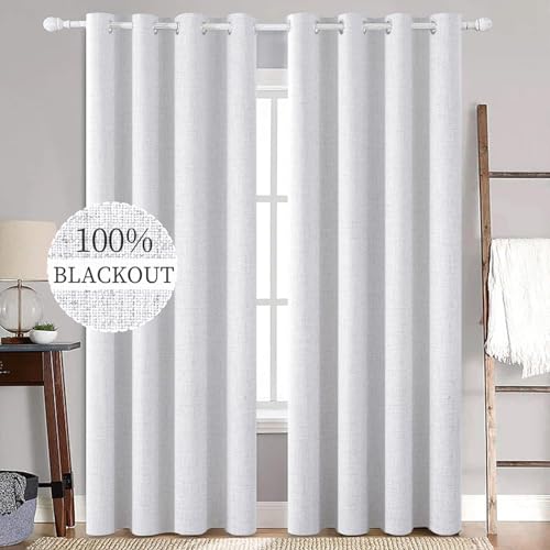 100% Blackout Linen Curtains for Bedroom 52x72 Inches Grayish White (Grayish White / 52"W x 72"L (Pack of 2))