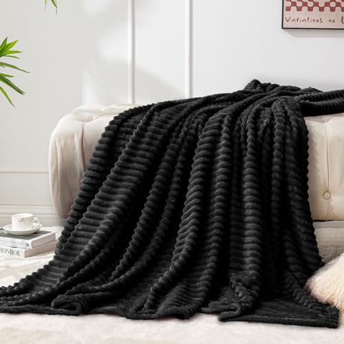 Ribbed Jacquard Black Fleece Throw Blanket for Couch (Black / Throw(50"x60"))