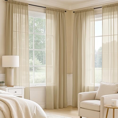 Beige Sheer Curtains 63 Inches Long 4 Panels 42 x 63 Inches (42"W x 63"L (Pack of 4) / Beige)