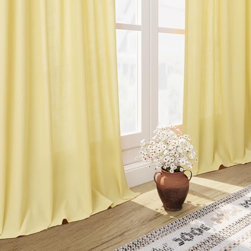 Yellow Linen Blend Drapes 84 Inch Length 2 Panels Set Back Tab Rod Pocket Light Filtering Privacy Semi Sheer Textured Curtain Neutral Farmhouse Decor for Living Room Bedroom Curtains 52x84 (52"W x 84"L (Pack of 2) / Yellow)