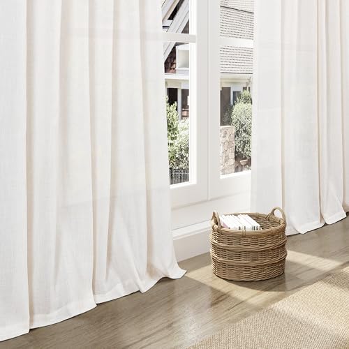 Ivory White Linen Curtains 132 Inch Length for Living Room Light Filtering Semi Sheer Curtain Back Tab Neutral Modern Farmhouse Decor Drapes Floor to Ceiling High Window for Bedroom 52x132 (52"W x 132"L (Pack of 2) / Ivory White)
