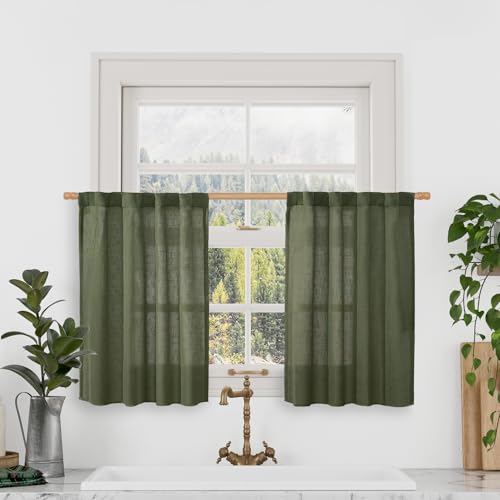 Olive Green Linen Window Sheer Curtains 30 Inches Long 2 Panels (Olive Green / 34"W x 30"L (Pack of 2))