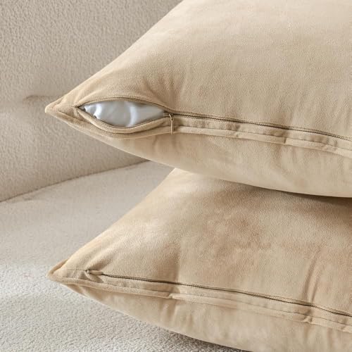 Decorative Beige Velvet Throw Pillow Covers for Couch 20x20 Inch (20" x 20" (Pack of 2) / Beige)