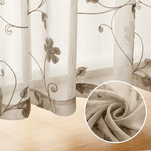Taupe Sheer Curtains 84 Inches Long 2 Panels Beige Embroidered Floral Pattern Semi Sheer Window Curtains for Bedroom Living Room (52"W x 84"L (Pack of 2) / Taupe/Beige)