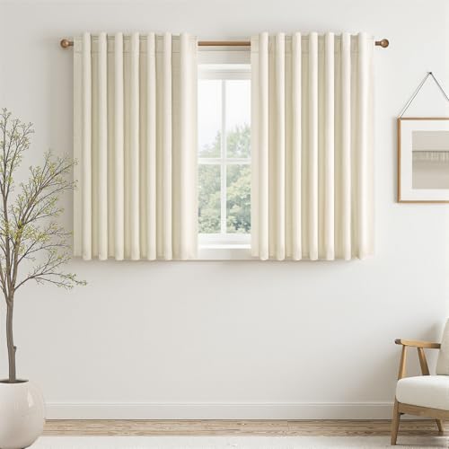 45 Inches Long Linen Blackout Curtains Tiers for Small Window 2 Panels Set Cream White Ivory Linen Short Drapes for Kitchen Bathroom Curtain Hook Belt Pleated Back Tab (Cream / 52"W x 45"L (Pack of 2))