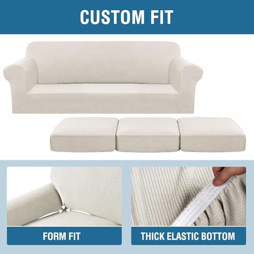 4 Piece Stretch Sofa Covers for 3 Cushion Couch Covers for Living Room Furniture Slipcovers (Large Plus / Ivory)