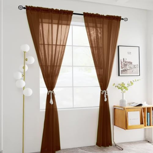 Brown Sheer Curtains 4 Panels Rod Pocket Semi (Brown / 52"W x 45"L (Pack of 4))