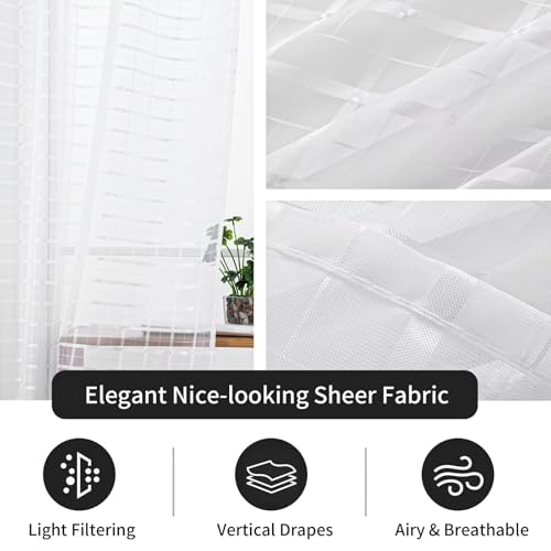 Check Sheer Curtains 90 Inches Long for Living Room (Check - White / 52"W x 90"L (Pack of 2))