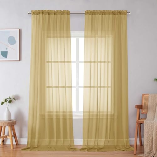 Gold Sheer Curtains 96 Inches Long 2 Panels Light Filtering (Gold / 59"W x 96"L (Pack of 2))