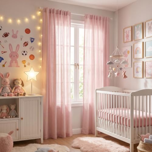 Pink Sheer Curtains for Girls Bedroom 84 Inches Long Girl Curtain Kids Nursery Window Drapes Living Room Semi Sheer Light Filtering Soft Home Decor Back Tab (50"W x 84"L (Pack of 2) / Light Pink)