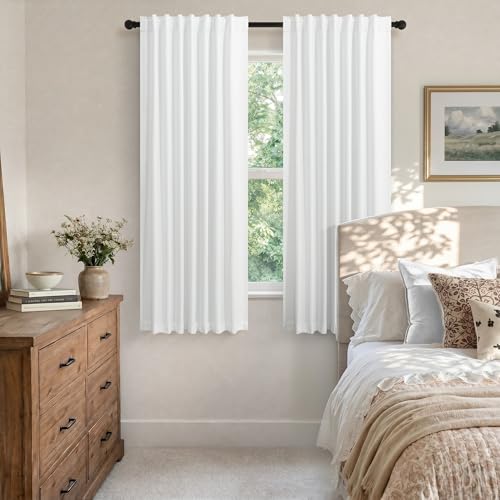 Black Out Curtains 63 Inch Long Small White Blackout Energy Saving Dining Room Darkening Curtain for Nursery Office Shabby Chic Faux Linen Kids Bedroom Curtains 63 Inch Length 2 Panels Back Tab Pocket (White / 52"W x 63"L (Pack of 2))