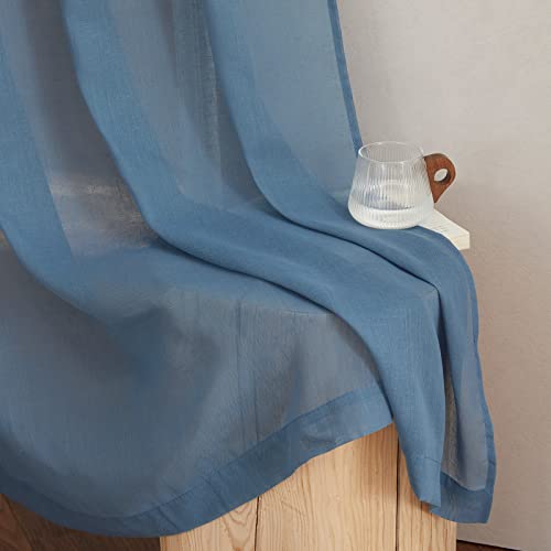 Flax Linen Sheer Curtains for Living Room (52"W x 84"L (Pack of 2) / Stone Blue)