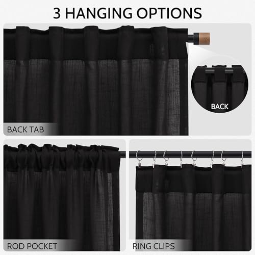 Vintage Black Linen Curtains 63 Inch Length for Living Room Light Filtering Semi Sheer Curtain Back Tab and Rod Pocket Privacy Luxury Gothic Vintage Decor Drapes for Bedroom Office 52x63 (52"W x 63"L (Pack of 2) / Vintage Black)