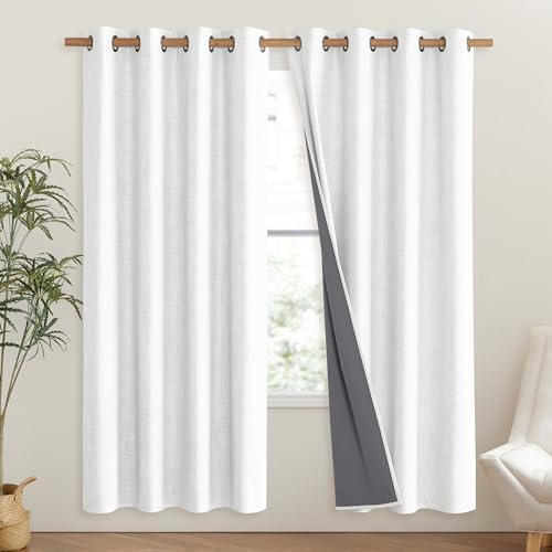 100% Absolutely Blackout Linen Curtains with Thermal Insulated Liner (52"W x 72"L (Pack of 2) / Greyish White)