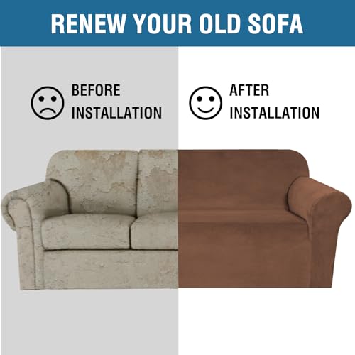 Stretch Velvet Sofa Covers Large Couch Covers Sofa Slipcovers Furniture Protector with Non Slip Elastic Bottom Feature Thick Comfy Rich Velour (Caramel Cafe / XL Sofa)