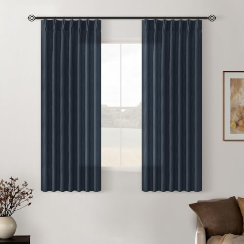 Navy Pinch Pleated Linen Semi Sheer Short Curtains 45 Inch Length 2 Panels (Navy / 40"W x 45"L (Pack of 2))