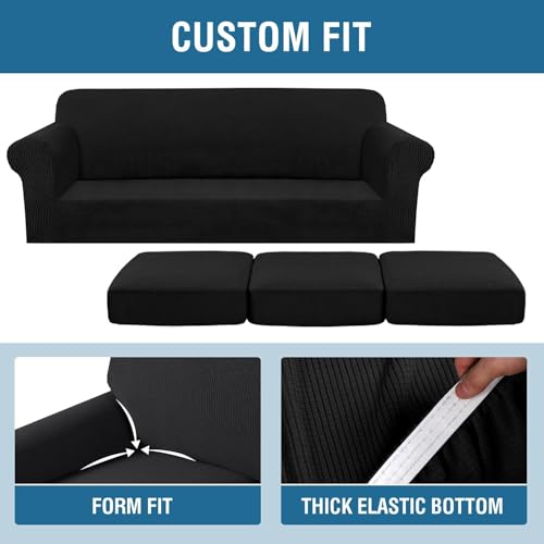 4 Piece Stretch Sofa Covers for 3 Cushion Couch Covers for Living Room Furniture Slipcovers (Large Plus / Black)