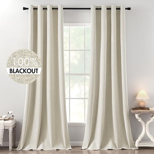 100% Blackout Linen Curtains for Bedroom 52x120 Inches Butter Cream (Butter Cream / 52"W x 120"L (Pack of 2))